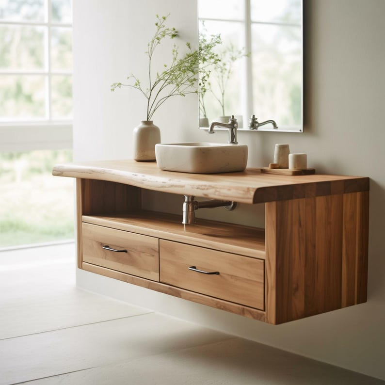 Handcrafted Solid Wood Floating Vanity, Organic Live Edge Two-Tier Console