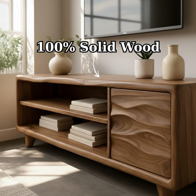 Handcrafted Solid Wood TV Stand, Mid-Century Console with Wave Cabinet Door