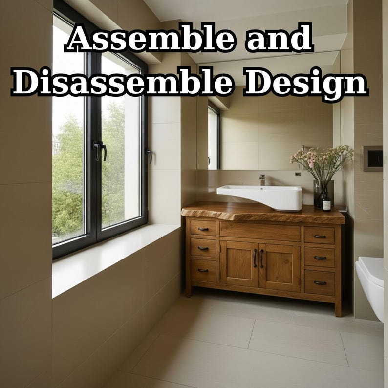 Handcrafted Solid Wood Bathroom Vanity, Wide Console with Live Edge Top & Drawers