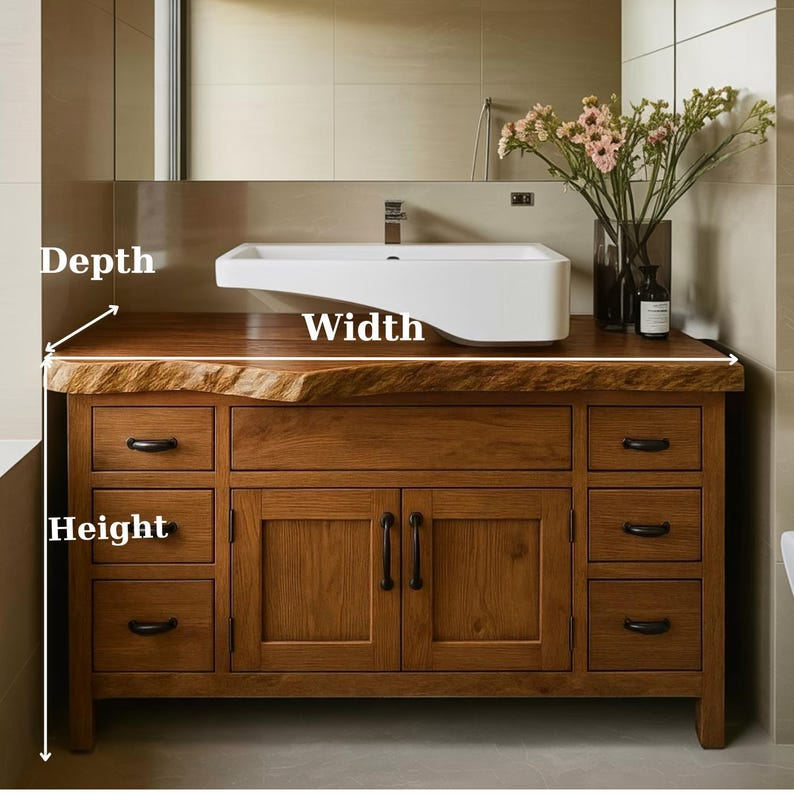 Handcrafted Solid Wood Bathroom Vanity, Wide Console with Live Edge Top & Drawers
