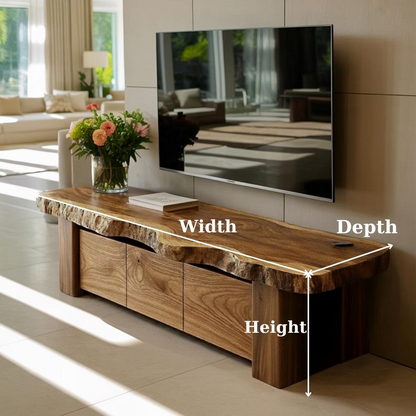 Handcrafted Solid Wood TV Stand, Rustic Live Edge Media Console with 3 Drawers