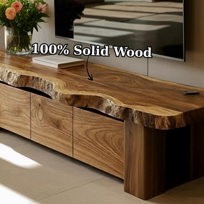 Handcrafted Solid Wood TV Stand, Rustic Live Edge Media Console with 3 Drawers