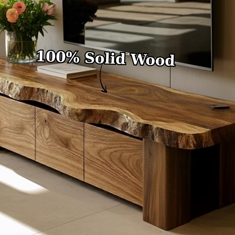 Handcrafted Solid Wood TV Stand, Rustic Live Edge Media Console with 3 Drawers