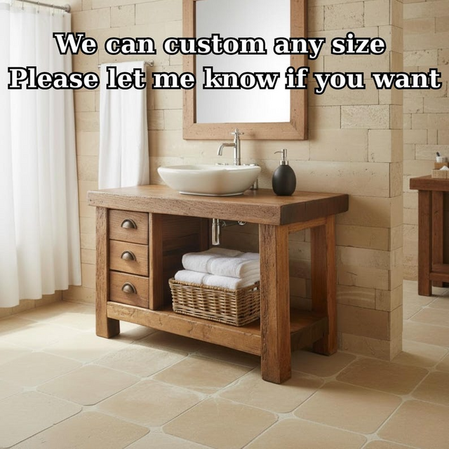 Handcrafted Solid Wood Bathroom Vanity, Rustic Console with 3 Drawers & Shelf