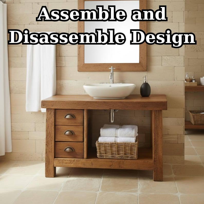 Handcrafted Solid Wood Bathroom Vanity, Rustic Console with 3 Drawers & Shelf