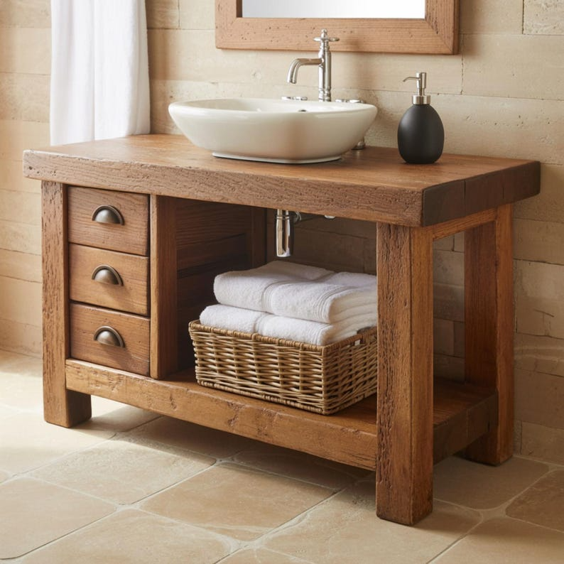 Handcrafted Solid Wood Bathroom Vanity, Rustic Console with 3 Drawers & Shelf