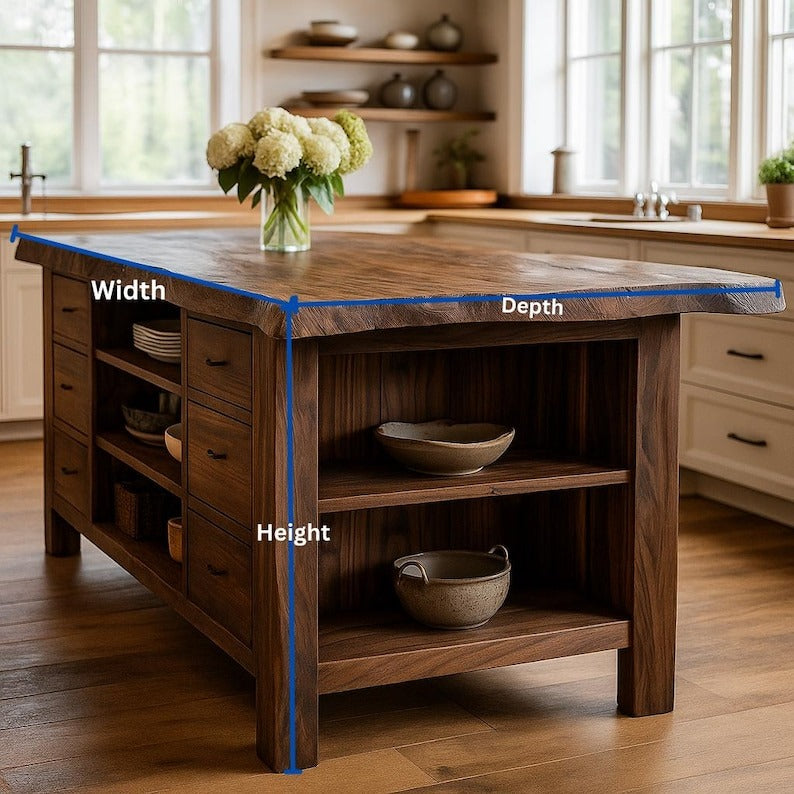 Rustic Solid Wood Kitchen Island – Handmade Farmhouse Prep Table with Open Shelves, Natural Wooden Storage Counter for Kitchen Décor