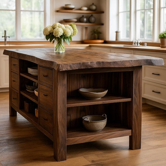 Rustic Solid Wood Kitchen Island – Handmade Farmhouse Prep Table with Open Shelves, Natural Wooden Storage Counter for Kitchen Décor