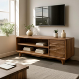 Handcrafted Solid Wood TV Stand, Mid-Century Console with Wave Cabinet Door