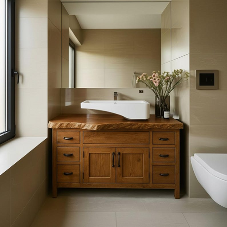 Handcrafted Solid Wood Bathroom Vanity, Wide Console with Live Edge Top & Drawers