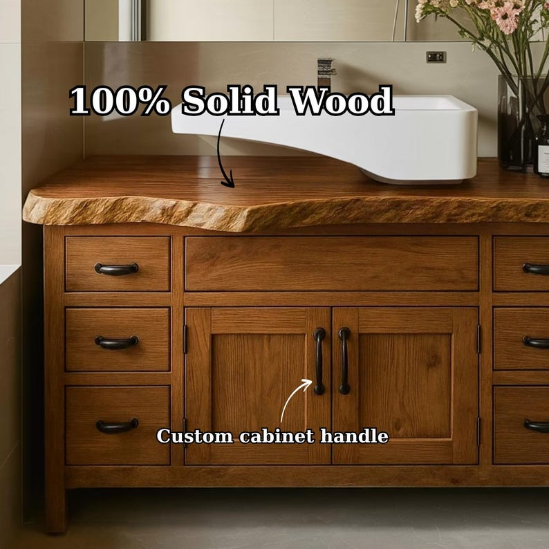 Handcrafted Solid Wood Bathroom Vanity, Wide Console with Live Edge Top & Drawers