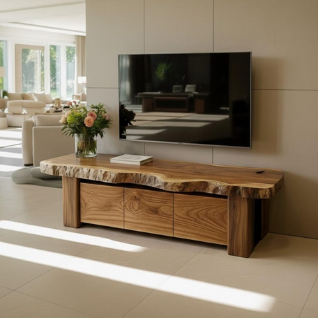 Handcrafted Solid Wood TV Stand, Rustic Live Edge Media Console with 3 Drawers