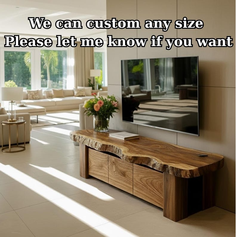 Handcrafted Solid Wood TV Stand, Rustic Live Edge Media Console with 3 Drawers