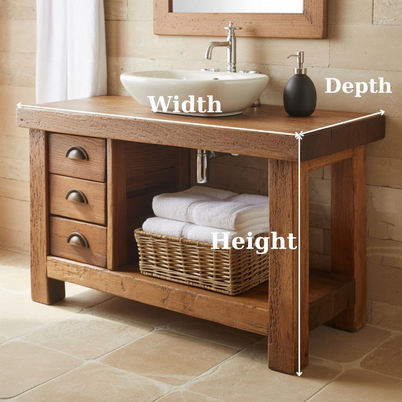 Handcrafted Solid Wood Bathroom Vanity, Rustic Console with 3 Drawers & Shelf