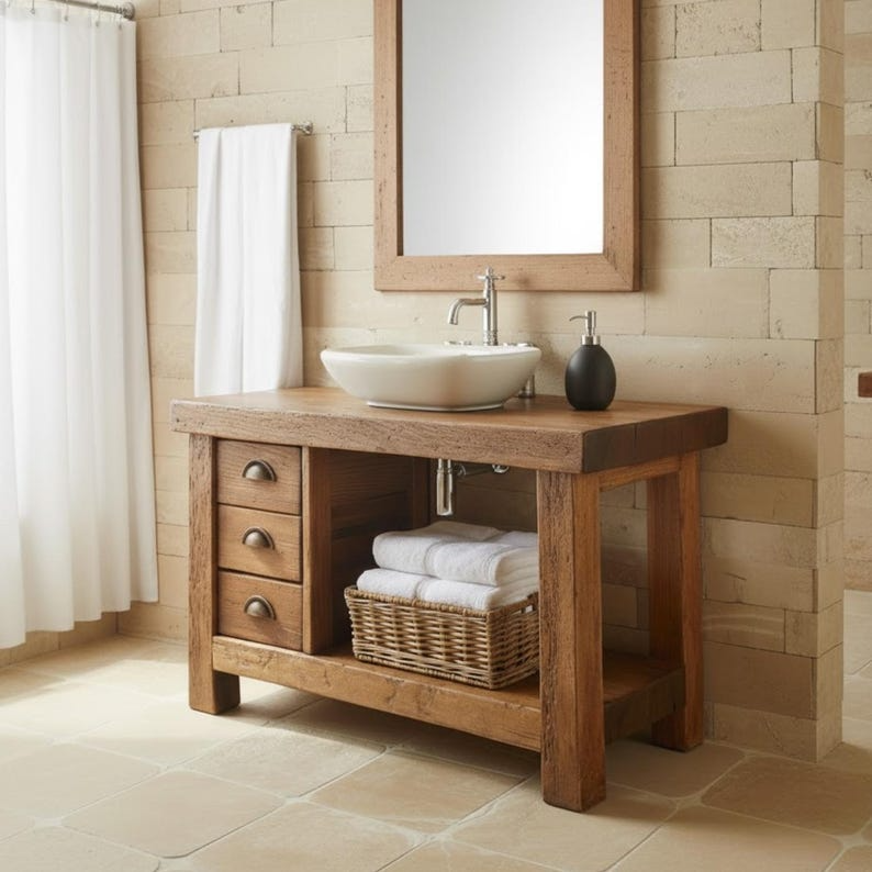Handcrafted Solid Wood Bathroom Vanity, Rustic Console with 3 Drawers & Shelf