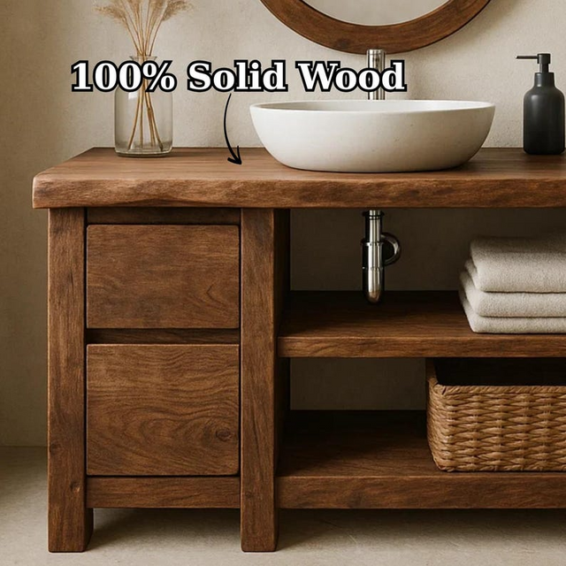 Handcrafted Solid Wood Bathroom Vanity, Freestanding Rustic Console with Live Edge Top