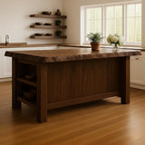 Rustic Solid Wood Kitchen Island – Handmade Farmhouse Prep Table with Open Shelves, Natural Wooden Storage Counter for Kitchen Décor