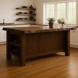 Rustic Solid Wood Kitchen Island – Handmade Farmhouse Prep Table with Open Shelves, Natural Wooden Storage Counter for Kitchen Décor