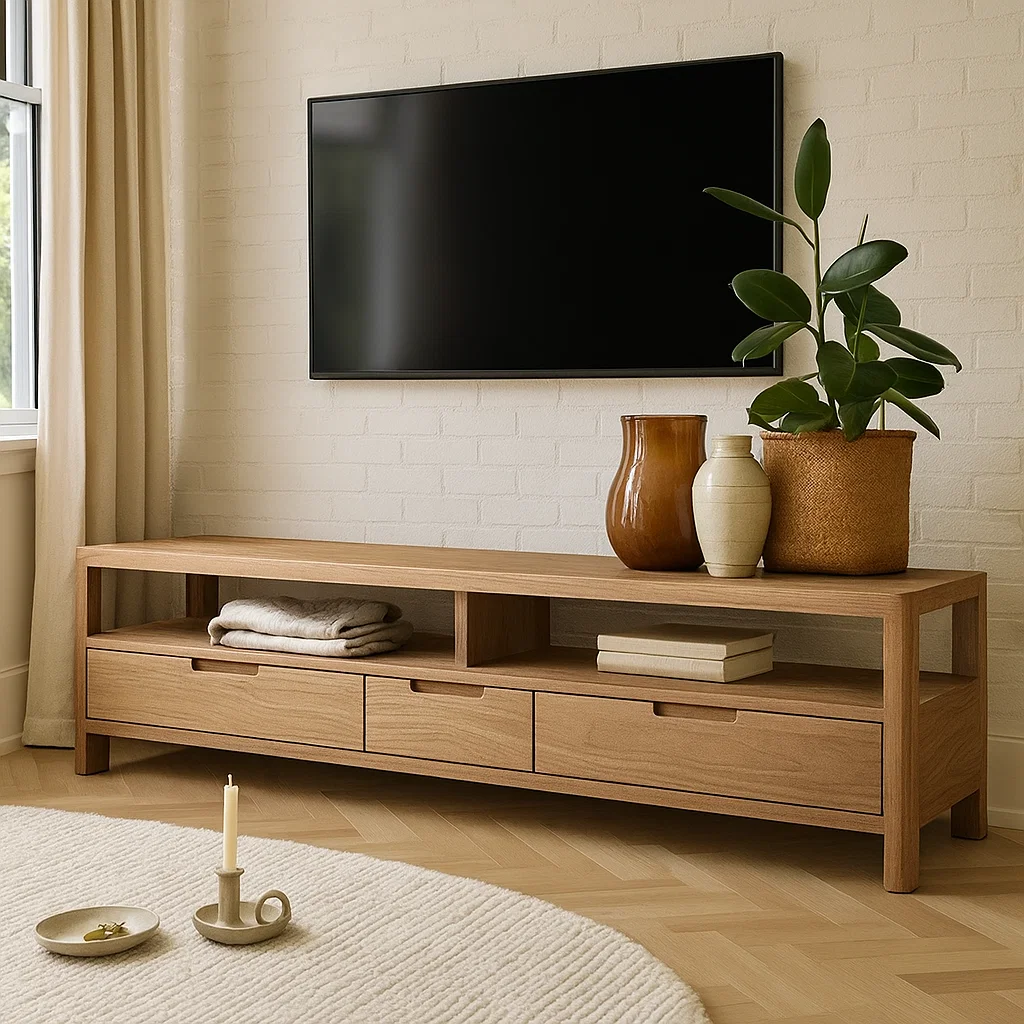 Handcrafted Solid Wood TV Stand with Drawers – Minimalist Entertainment Console Furniture