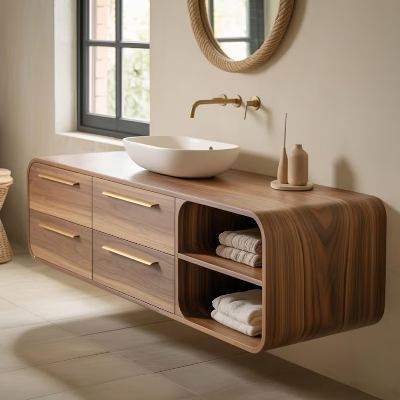 Handcrafted Solid Walnut Floating Vanity: Minimalist Gold Handle Bathroom Storage