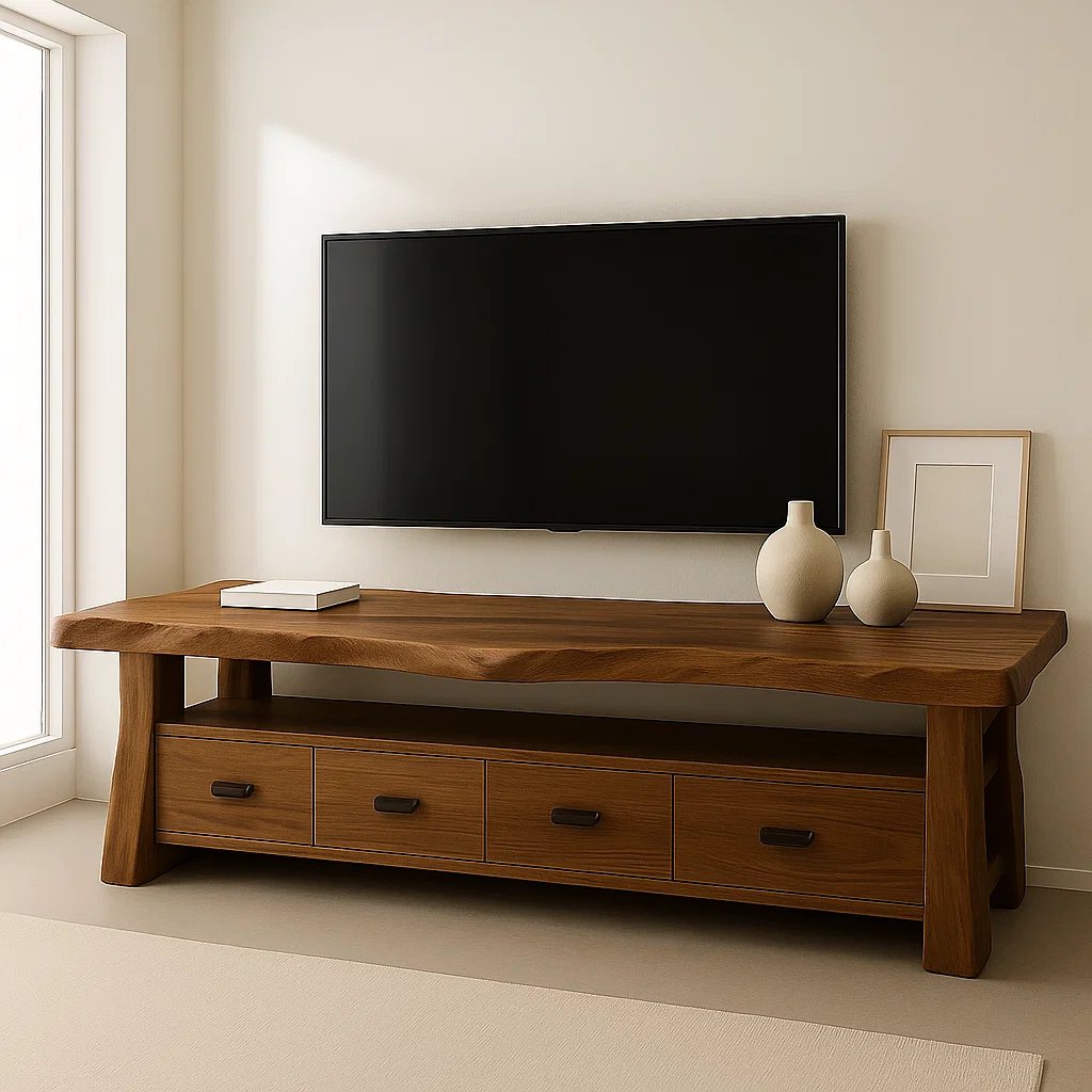 Handcrafted Solid Wood TV Stand with Sculpted Live Edge – Organic Modern Media Console with Drawers