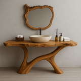 Handcrafted Solid Wood Bathroom Vanity – Organic Live Edge Design with Artistic Mirror Set