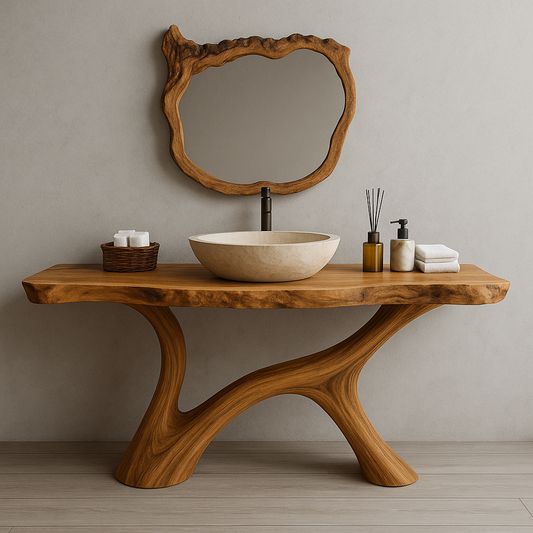 Handcrafted Solid Wood Bathroom Vanity – Organic Live Edge Design with Artistic Mirror Set