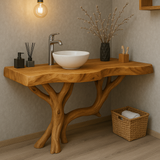 Handcrafted Solid Wood Bathroom Vanity – Organic Live Edge Design with Tree-Inspired Base