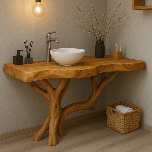 Handcrafted Solid Wood Bathroom Vanity – Organic Live Edge Design with Tree-Inspired Base