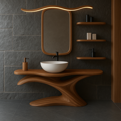 Handcrafted Solid Wood Bathroom Vanity with Sculptural Organic Design – Modern Minimalist Sink Stand
