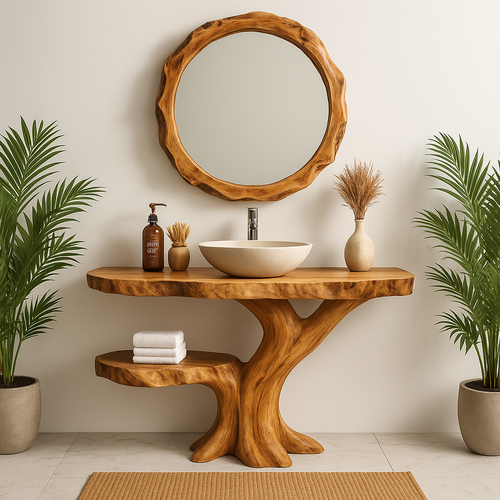 Handcrafted Solid Wood Bathroom Vanity – Organic Tree-Inspired Design with Round Mirror