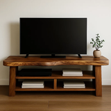 Handcrafted Solid Wood TV Stand with Organic Live Edge – Rustic Modern Open Shelf Media Console