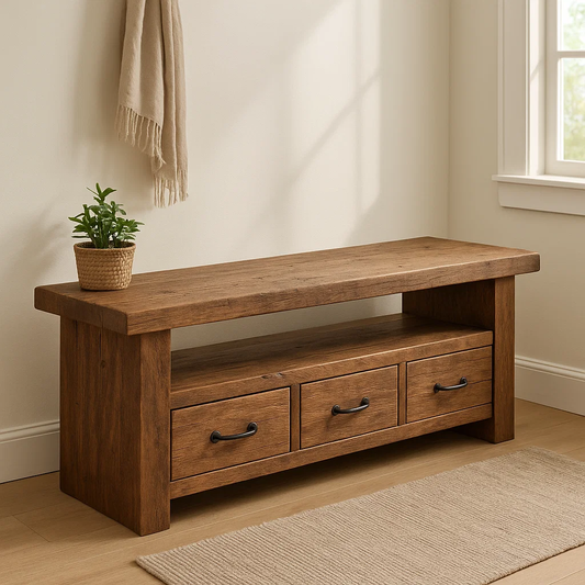 Handcrafted Solid Wood Bench – Rustic Entryway Storage Bench with 3 Drawers