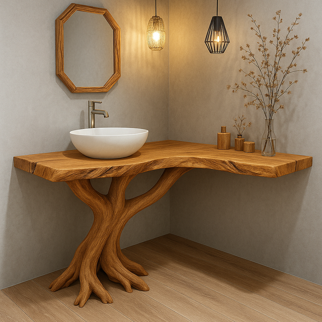Handcrafted Solid Wood Bathroom Vanity – Sculptural Tree Root Base with Natural Live Edge