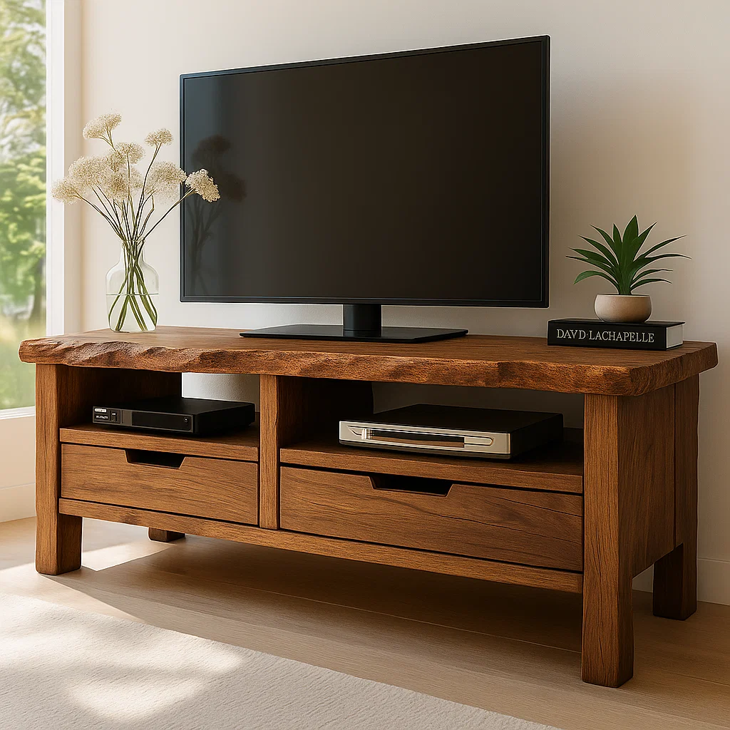 Handcrafted Solid Wood TV Stand with Live Edge Top – Rustic Organic Media Console with Drawers & Open Shelves