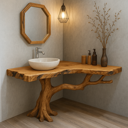 Handcrafted Solid Wood Bathroom Vanity – Organic Tree Branch Base with Live Edge Top