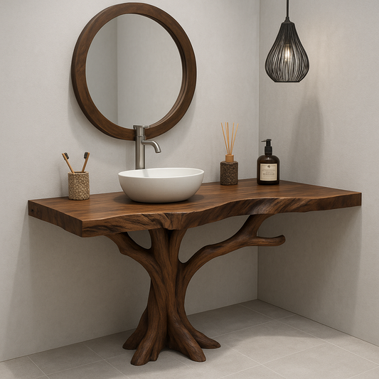 Handcrafted Solid Wood Bathroom Vanity – Organic Tree Branch Base with Vessel Sink Design