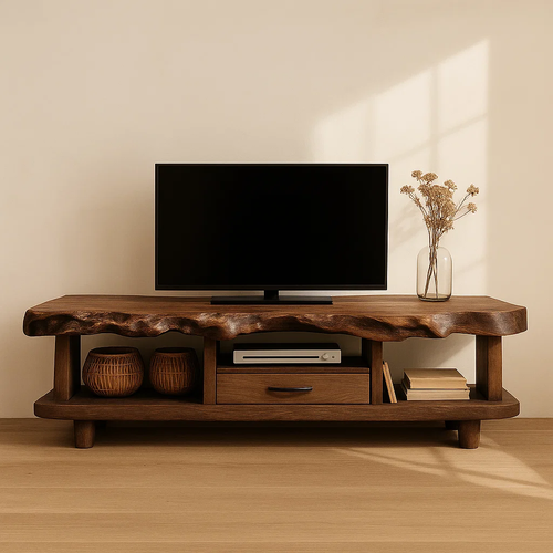 Handcrafted Solid Wood TV Stand with Deep Live Edge – Organic Modern Media Console with Drawer & Open Shelves