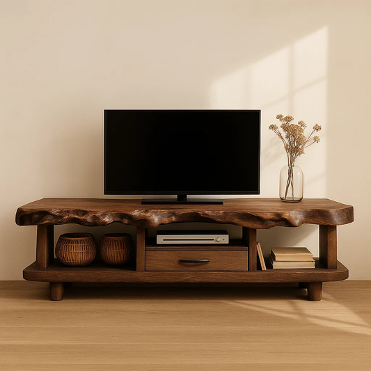 Handcrafted Solid Wood TV Stand with Deep Live Edge – Organic Modern Media Console with Drawer & Open Shelves
