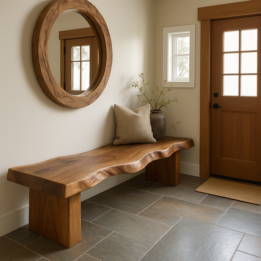 Handcrafted Solid Wood Bench – Live Edge Walnut Entryway Bench with Organic Wave Design