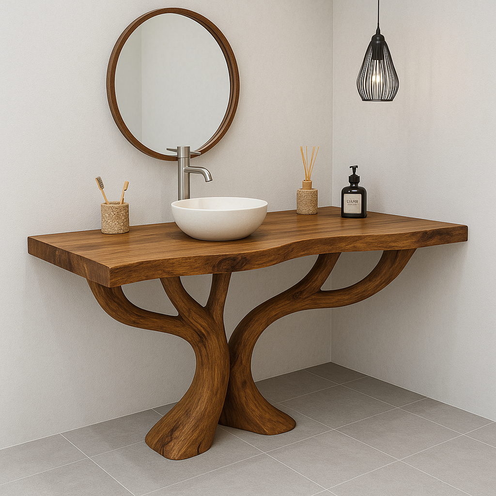 Handcrafted Solid Wood Bathroom Vanity – Sculptural Double Branch Base, Organic Modern Design