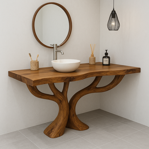 Handcrafted Solid Wood Bathroom Vanity – Sculptural Double Branch Base, Organic Modern Design