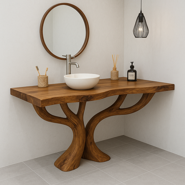 Handcrafted Solid Wood Bathroom Vanity – Sculptural Double Branch Base, Organic Modern Design