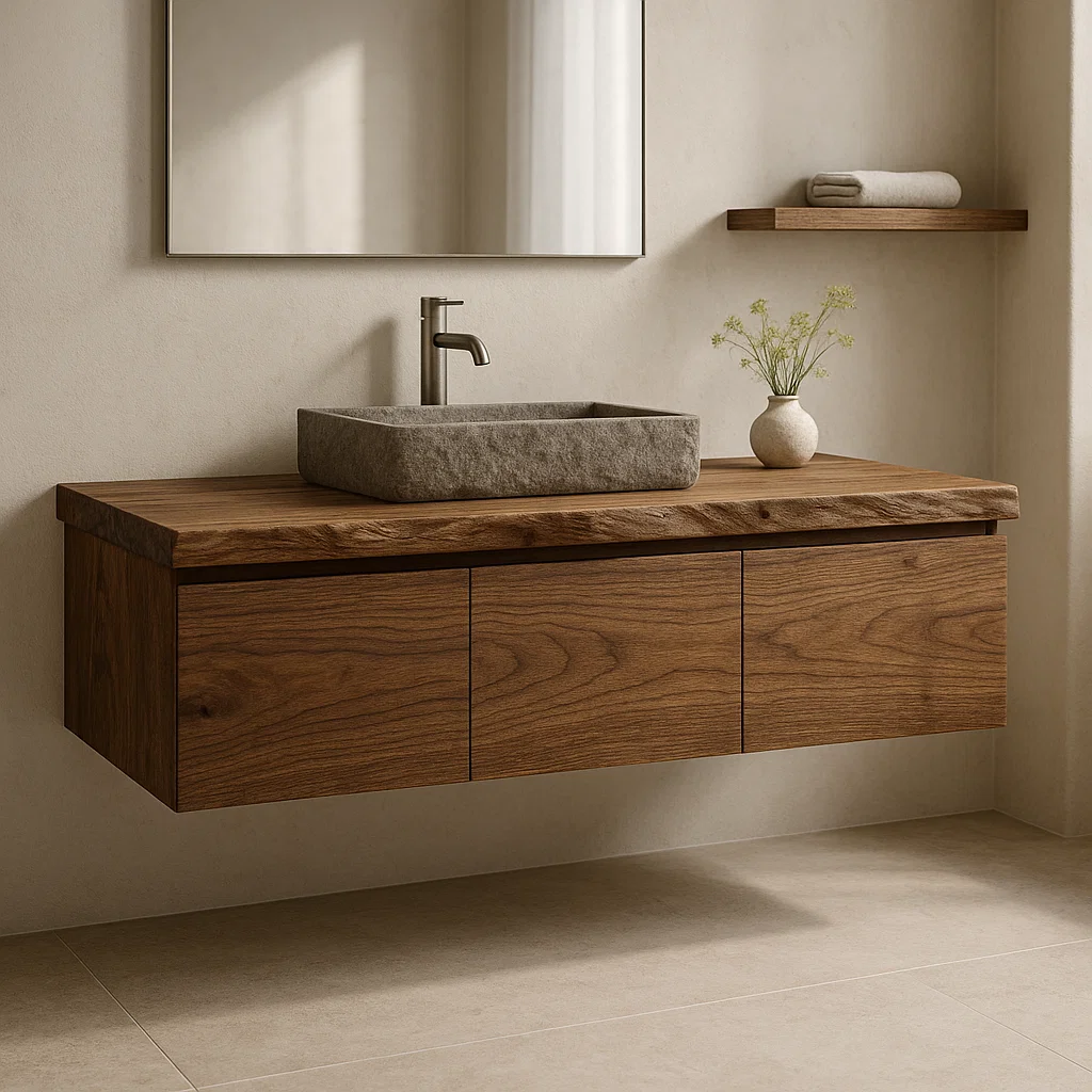 Handcrafted Solid Wood Floating Vanity - 3-Drawer Live Edge Walnut for Vessel Sink