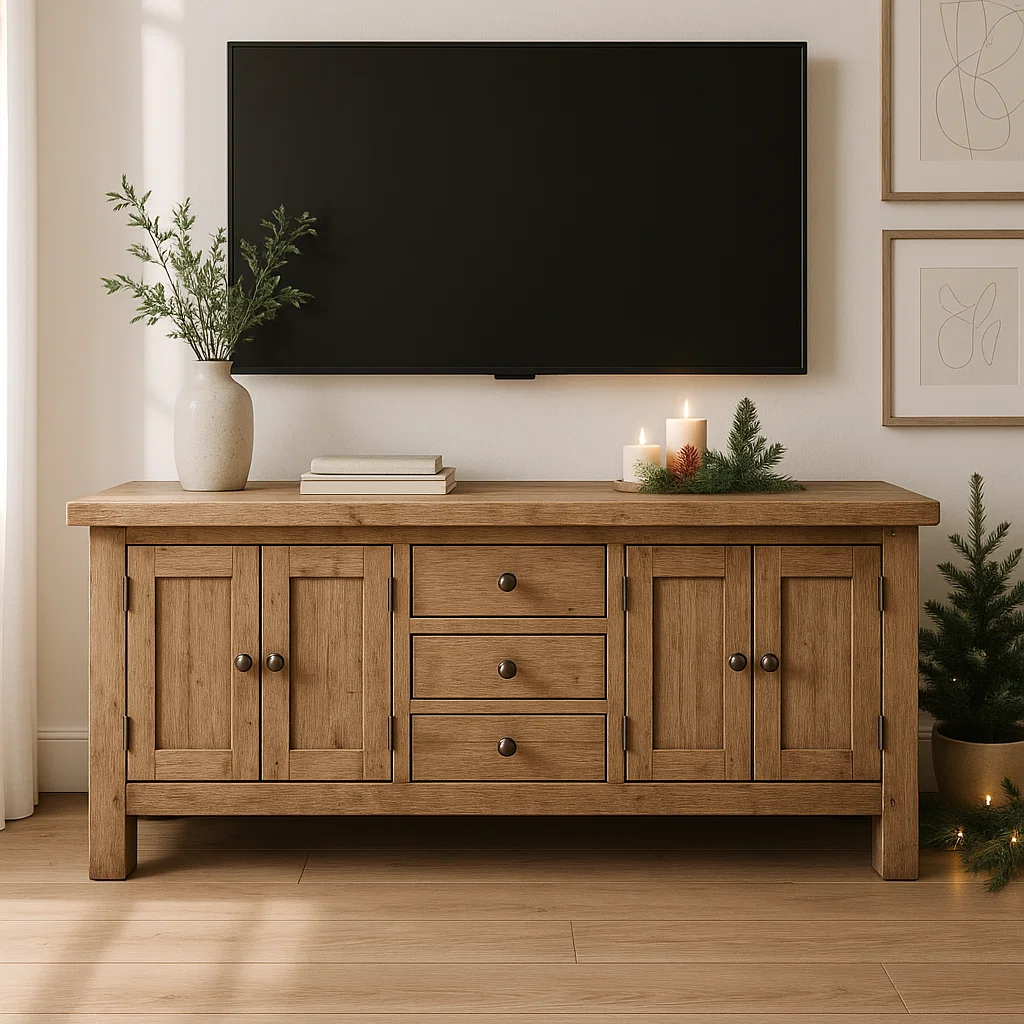 Handcrafted Solid Wood TV Stand – Rustic Farmhouse Media Console with Cabinets & Drawers for Living Room