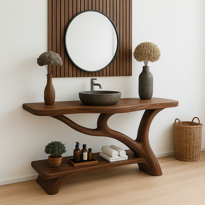 Handcrafted Solid Wood Bathroom Vanity – Organic Sculptural Design with Open Shelf Storage