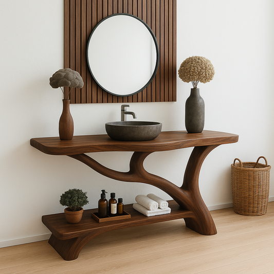 Handcrafted Solid Wood Bathroom Vanity – Organic Sculptural Design with Open Shelf Storage