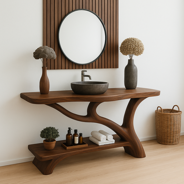 Handcrafted Solid Wood Bathroom Vanity – Organic Sculptural Design with Open Shelf Storage