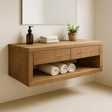 Handcrafted Solid Wood Floating Vanity – Rustic Oak Wall-Mounted Bathroom Cabinet with Drawers and Shelf