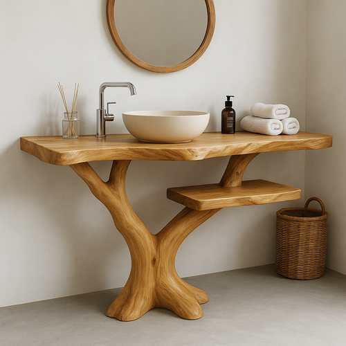 Handcrafted Solid Wood Bathroom Vanity – Natural Tree Form Design with Floating Shelf
